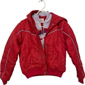 Vintage Puffer Jacket Red Quilted Hooded Insulated Winter Coat Small‎